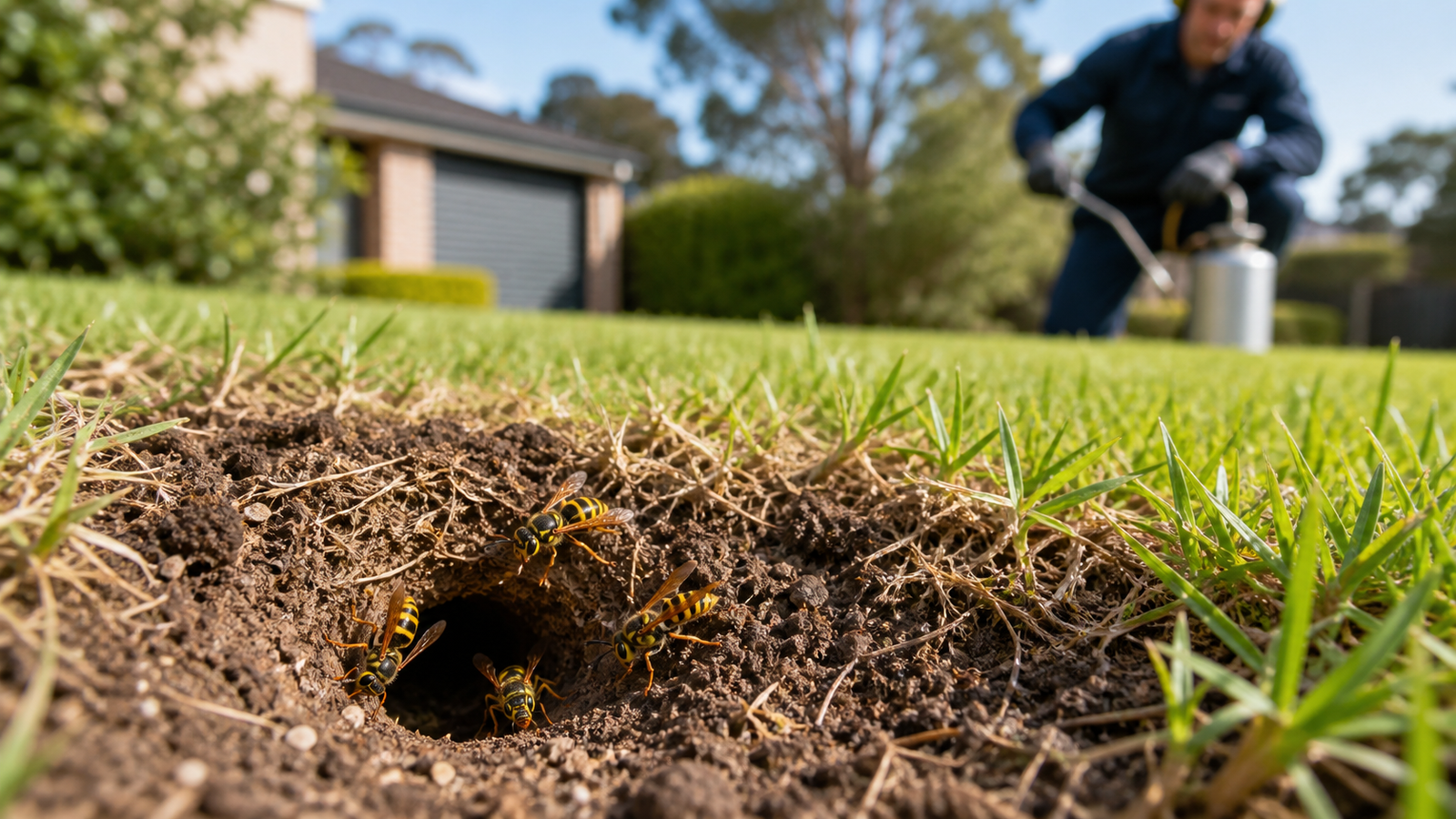 European wasps entering an underground nest in a Melbourne lawn